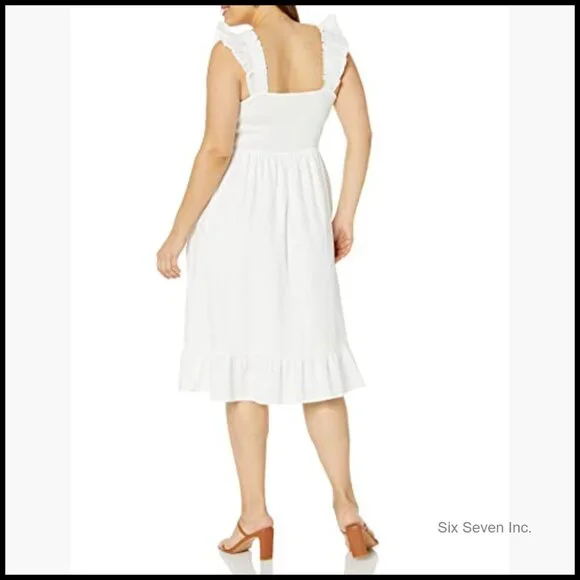 Cotton Smocked Midi Dress with Ruffled Shoulders - Picture 5 of 6